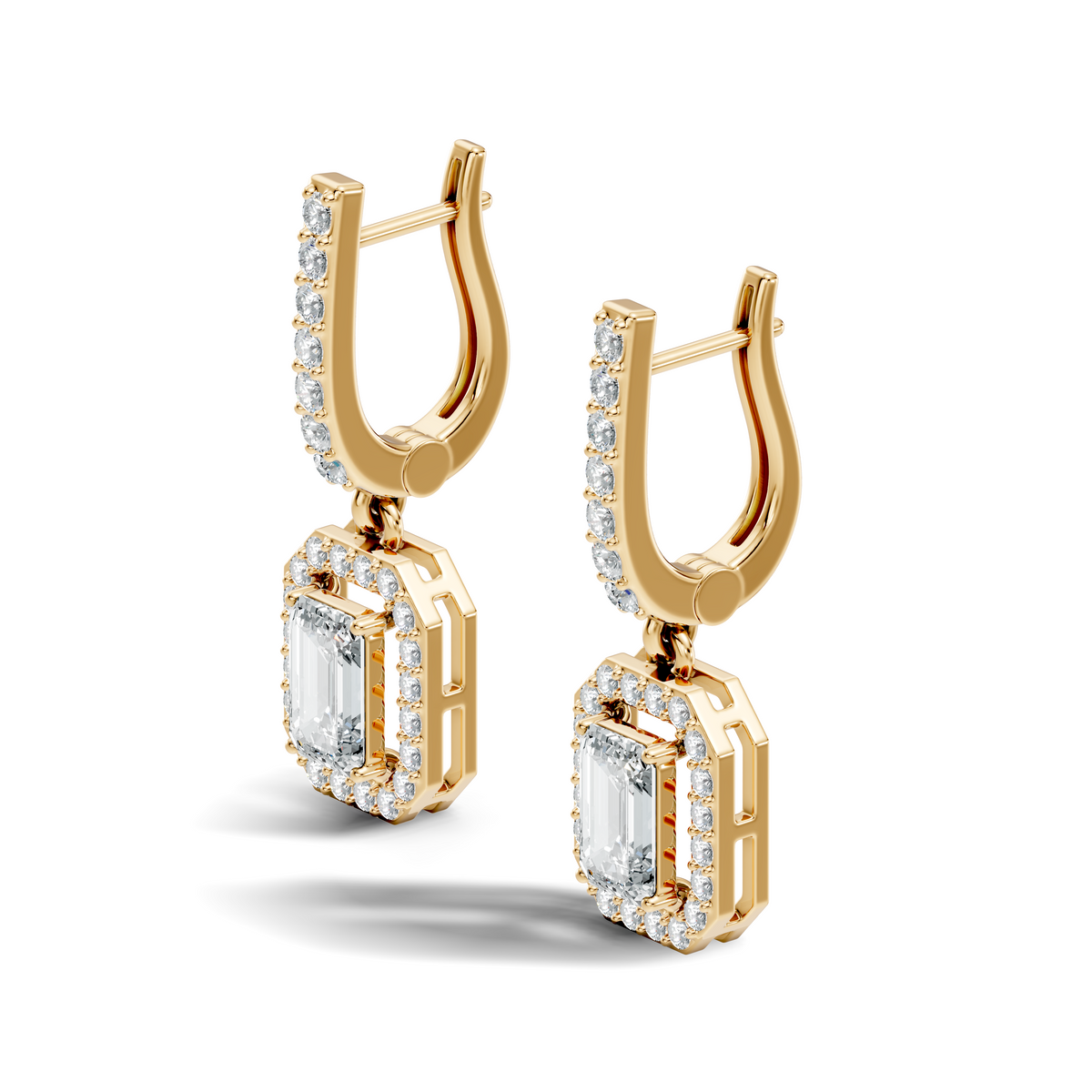 Gold 2Ct Halo Drop Emerald Lab Grown Diamond Helor Earring