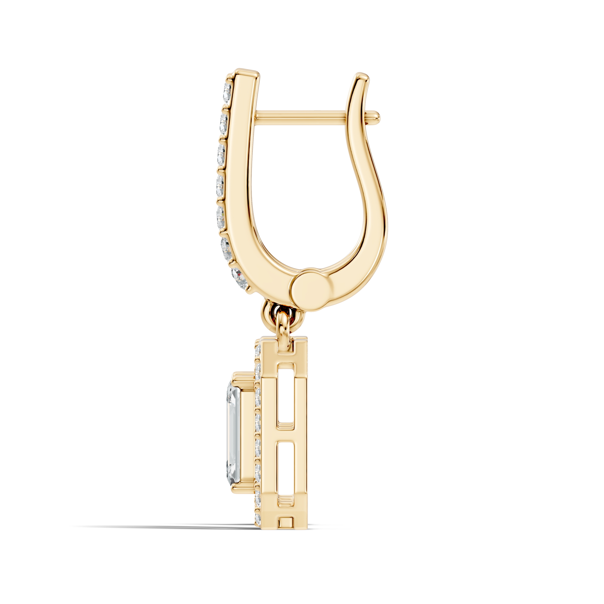 Side view of gold hoop earring with geometric drop and baguette lab grown diamond