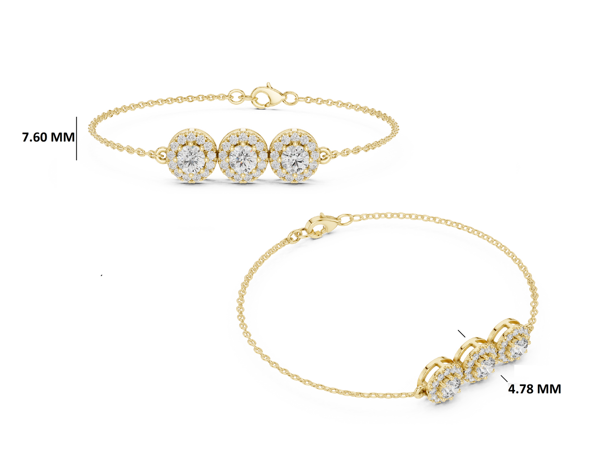 Gold 1Ct Three Stone Round Lab Grown Diamond Kiara Halo Bracelet