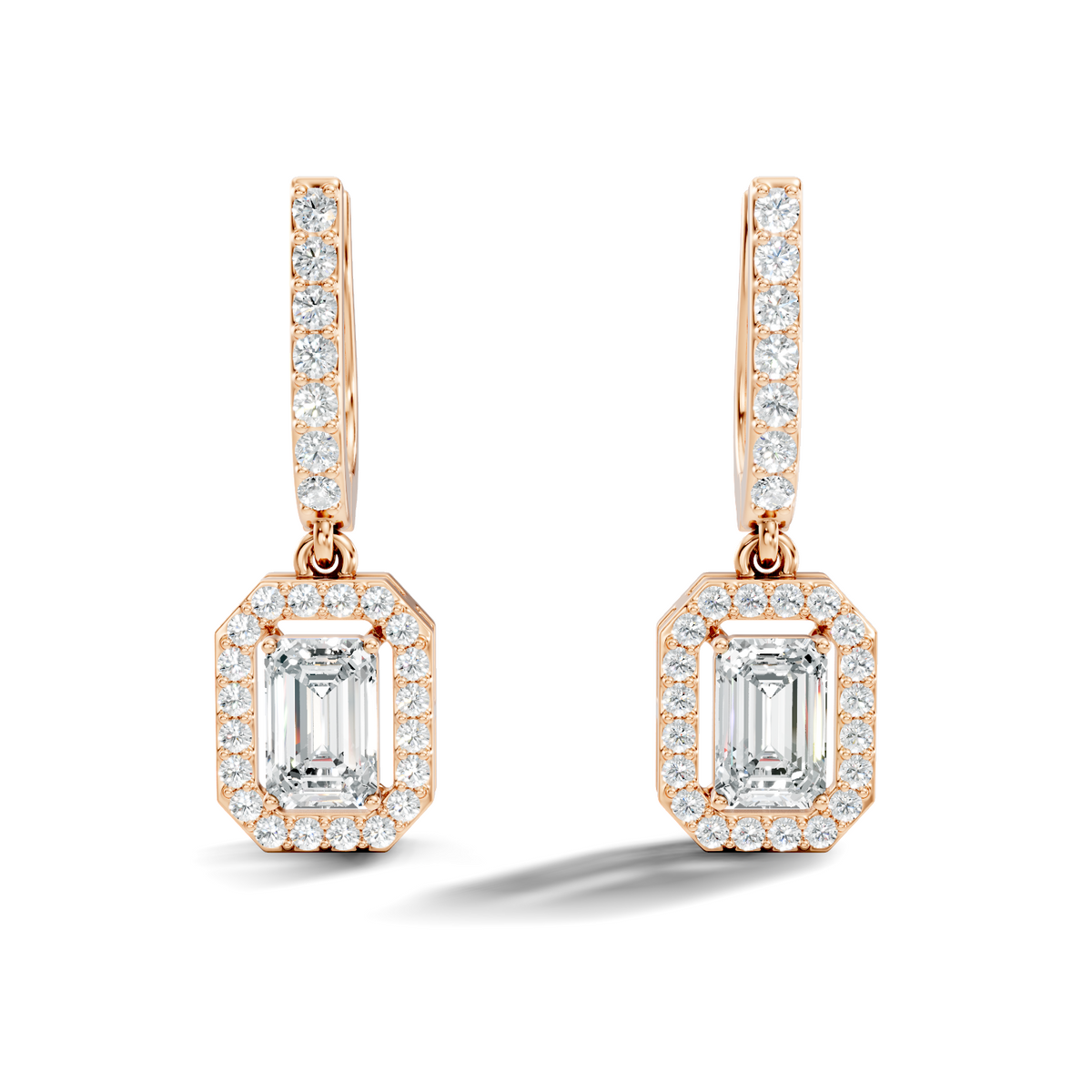 Gold 2Ct Halo Drop Emerald Lab Grown Diamond Helor Earring