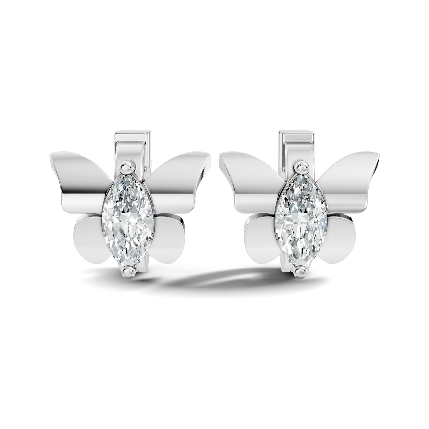 Butterfly-themed hoop white gold earrings accented with a marquise diamond focal stone
