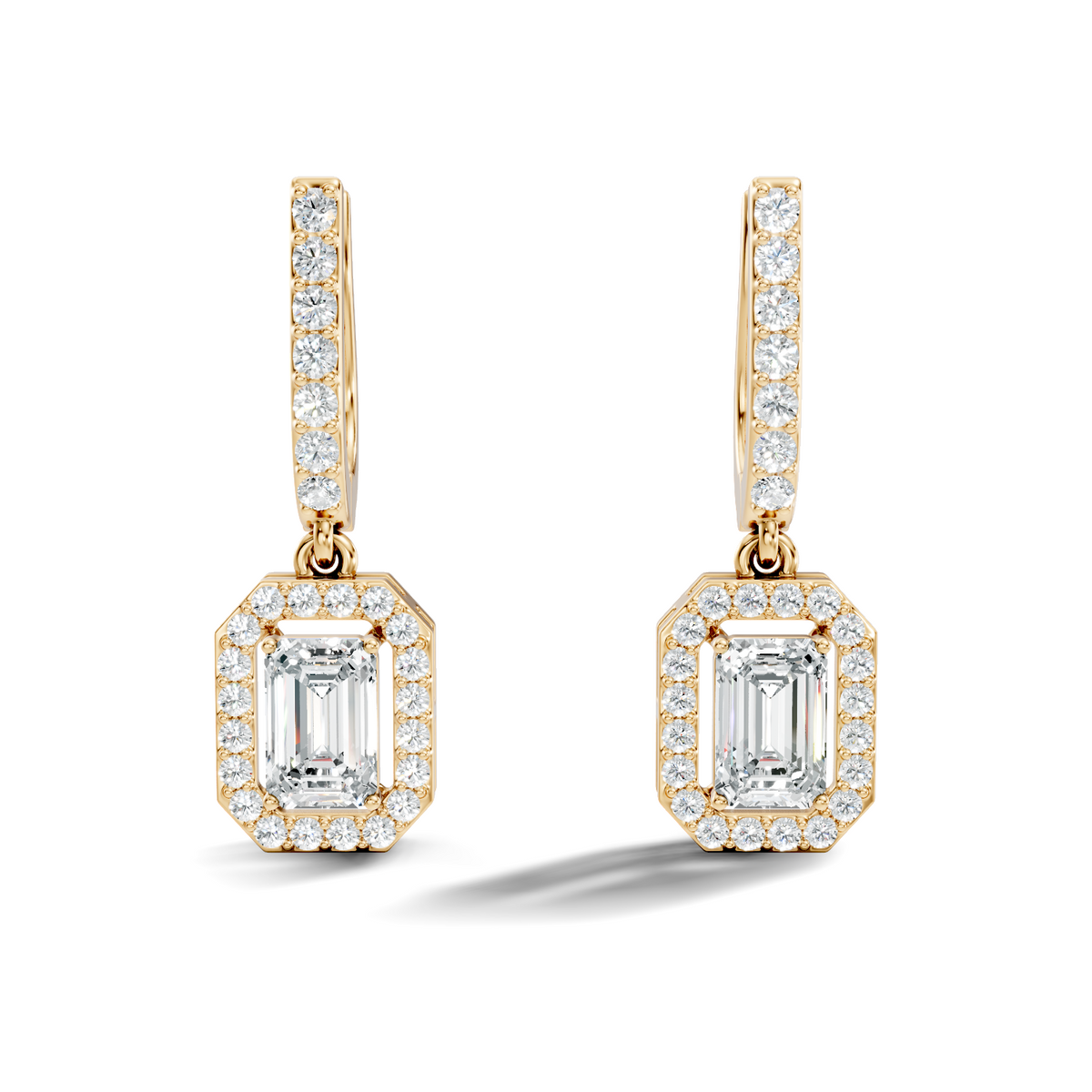 Gold 2Ct Halo Drop Emerald Lab Grown Diamond Helor Earring