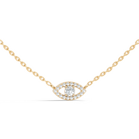 Yellow gold lab grown diamond necklace with an eye shaped pendant set with round cut diamonds