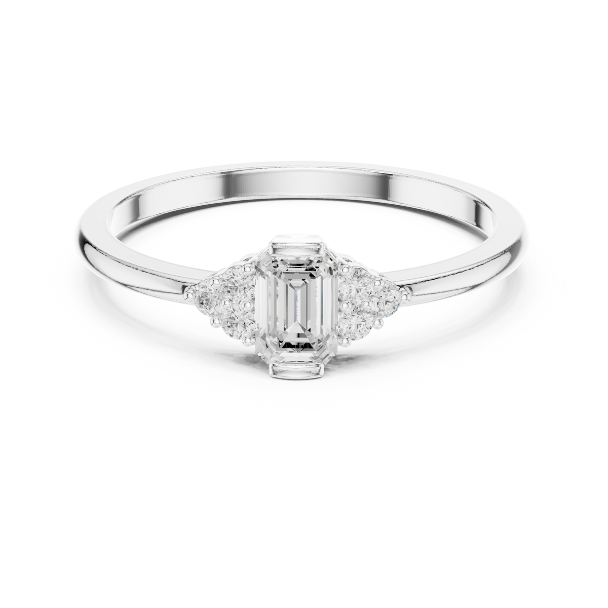 Gold Three Stone Emerald Lab Grown Diamond Quera Ring