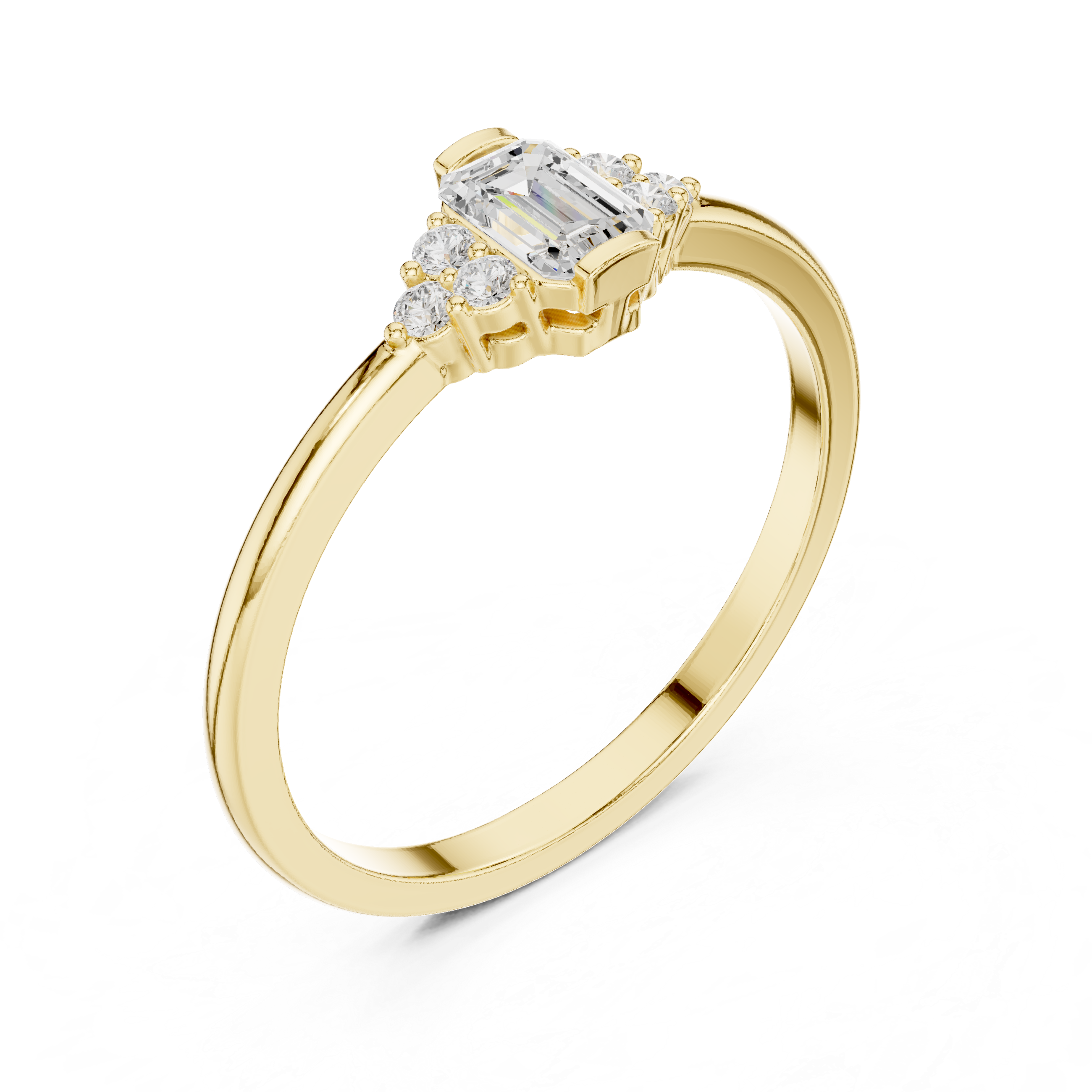 Gold Three Stone Emerald Lab Grown Diamond Quera Ring