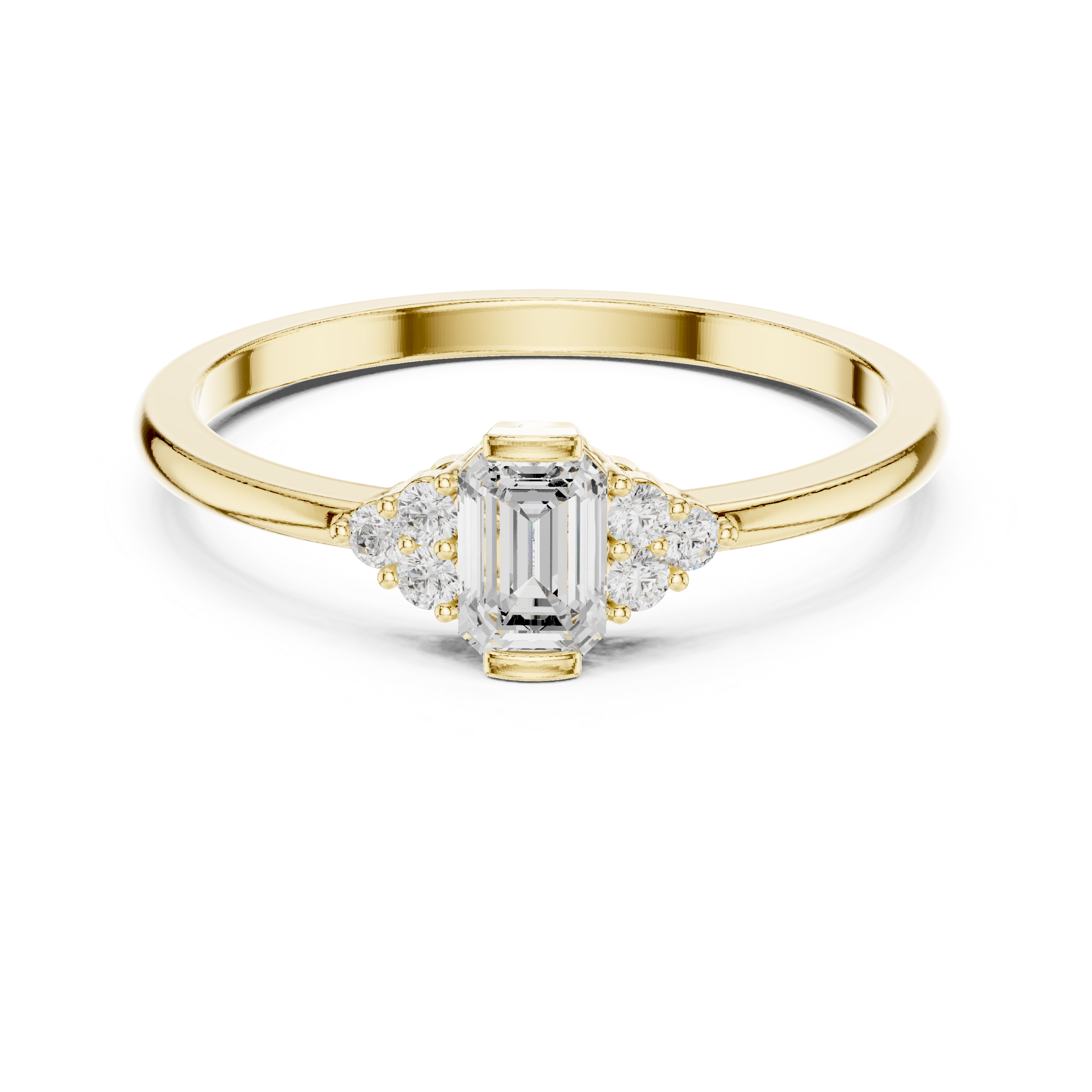 Gold Three Stone Emerald Lab Grown Diamond Quera Ring