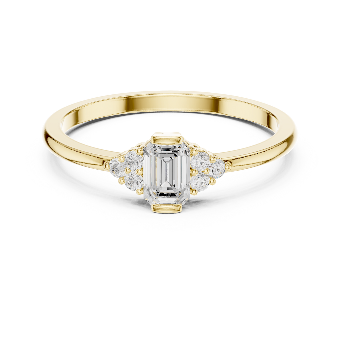 Gold Three Stone Emerald Lab Grown Diamond Quera Ring