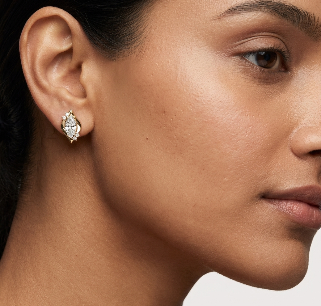 Gold 2Ct Swirl Petal Leaf Marquise Lab Grown Diamond Helix Earring
