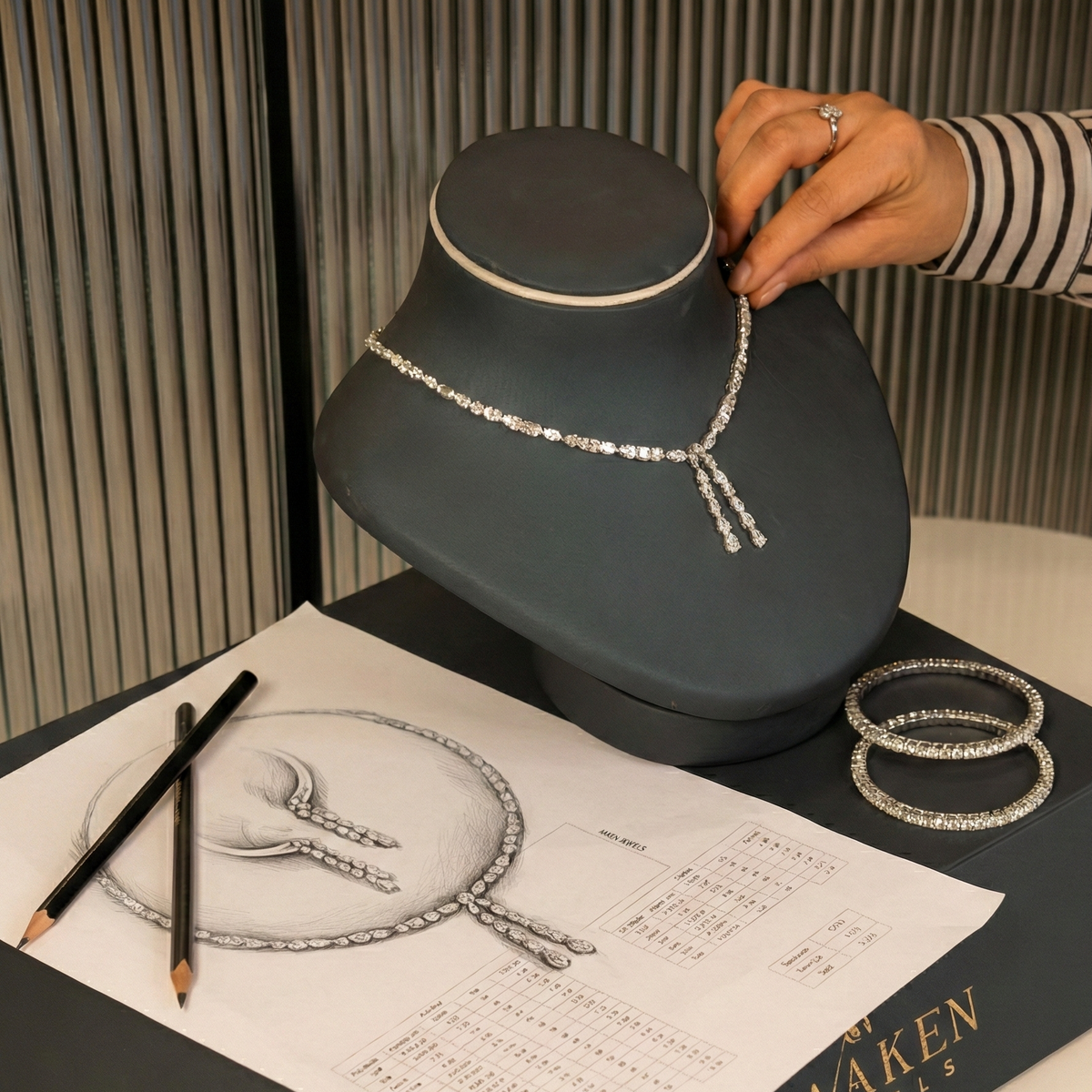 Necklace on a Black Stand with awaken jewels Branding