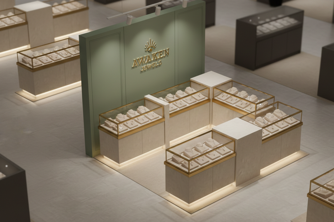 jewellery boxes with a prominent brand logo in a store setting