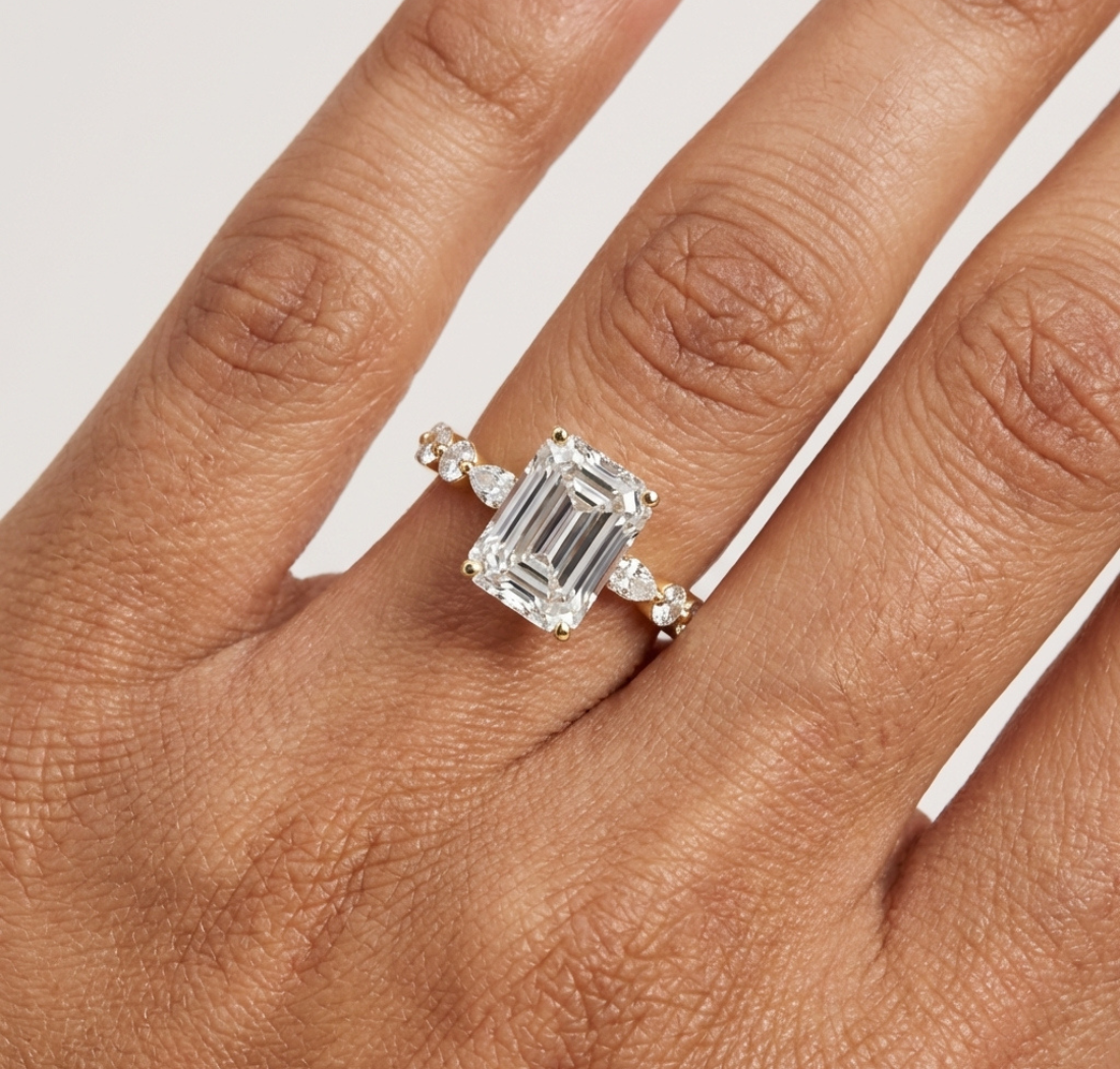 Gold 3Ct 4Prong Solitaire Emerald Marquise Side Stone Lab Grown Diamond Isaiah Ring