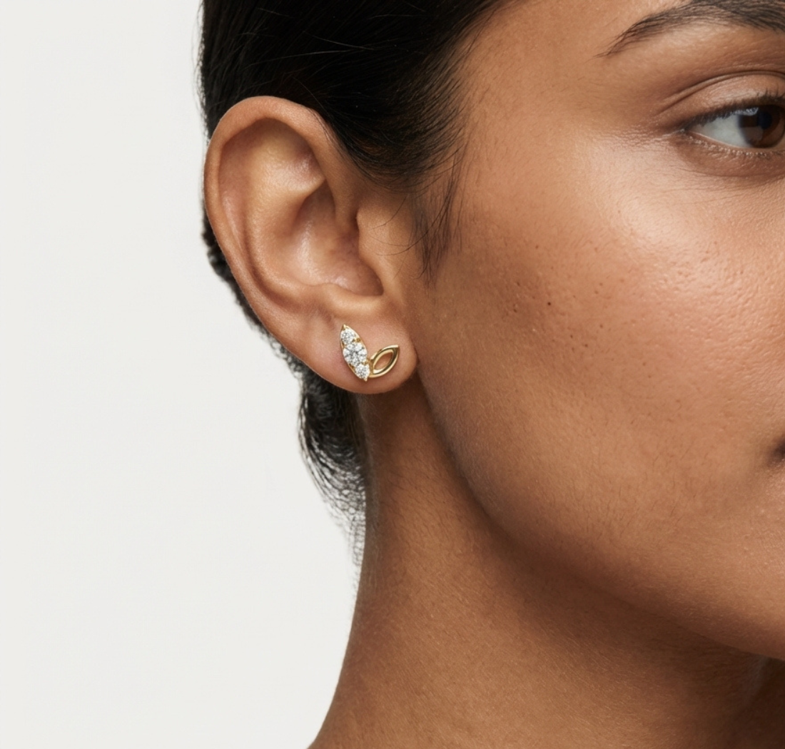 Gold Pave Leaf Round Lab Grown Diamond Isera Earring
