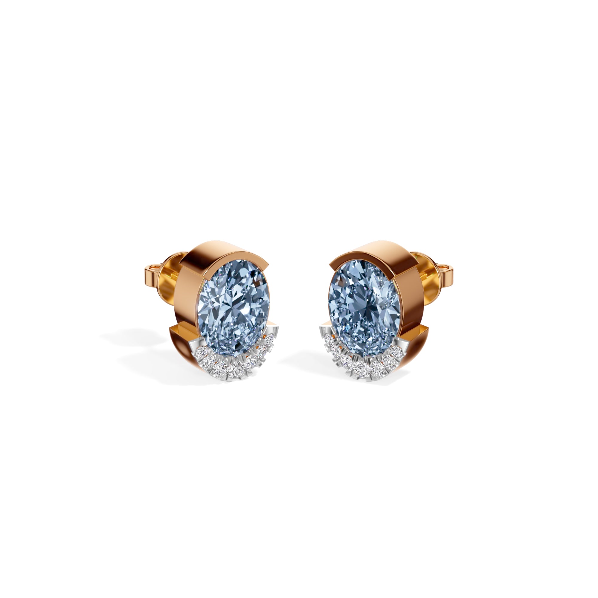 Rose Gold 3 50Ct Halo Blue Stone Oval Stud Lab Grown Diamond Quivra Earring