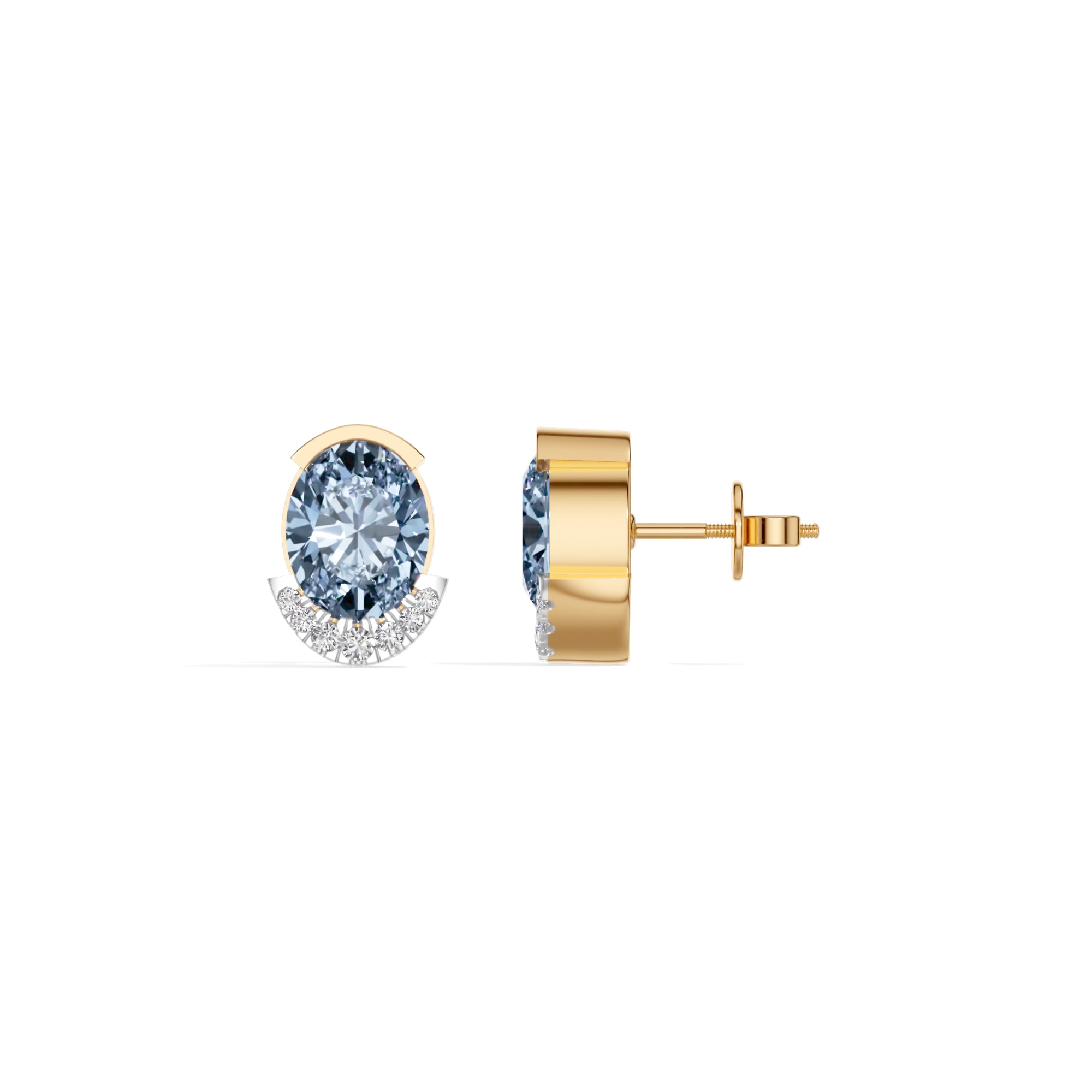 Yellow Gold 3 50Ct Halo Blue Stone Oval Stud Lab Grown Diamond Quivra Earring
