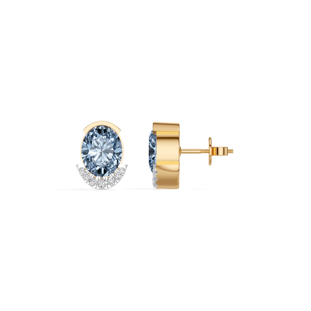 Yellow Gold 3 50Ct Halo Blue Stone Oval Stud Lab Grown Diamond Quivra Earring