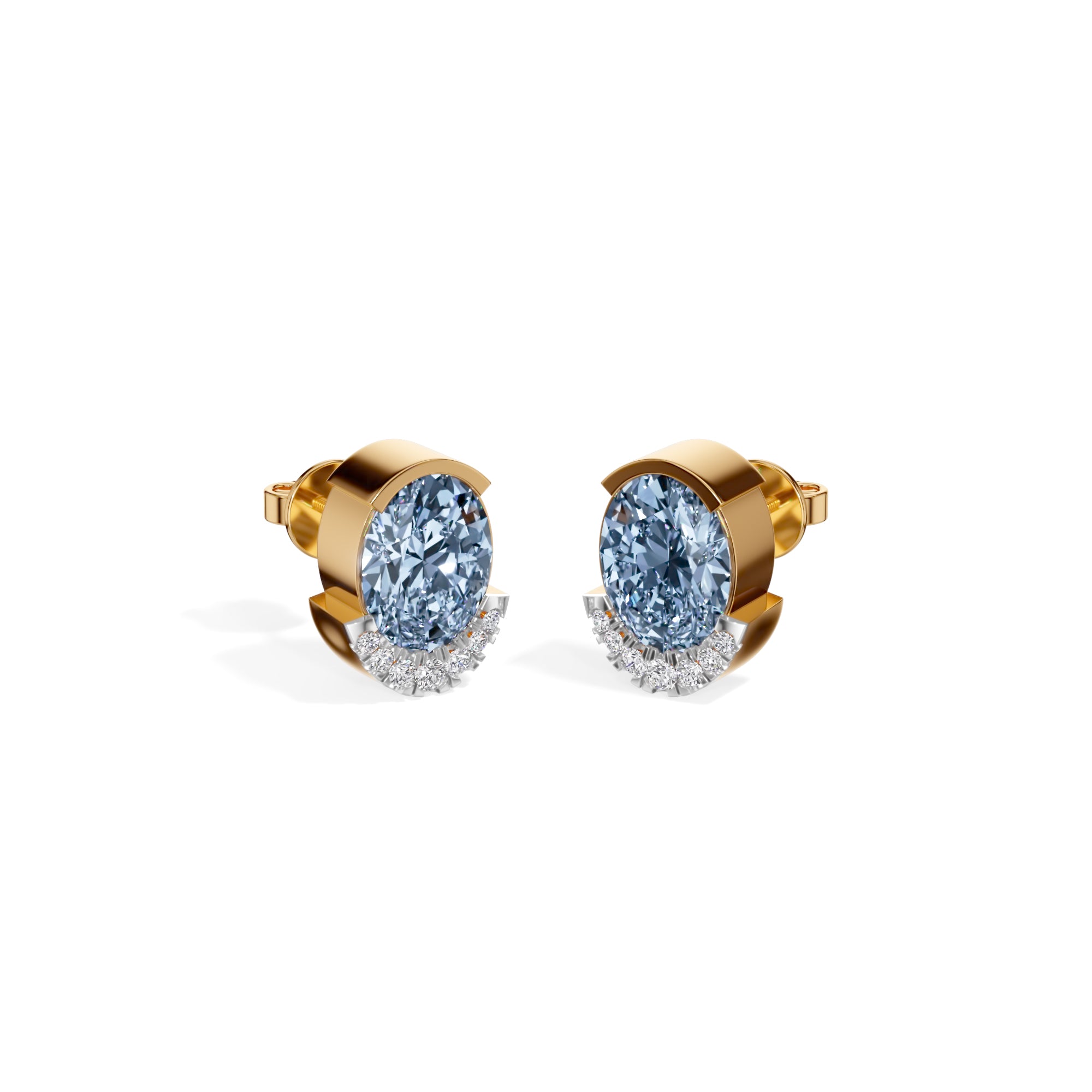 Yellow Gold 3 50Ct Halo Blue Stone Oval Stud Lab Grown Diamond Quivra Earring