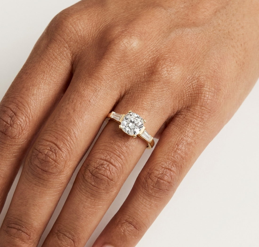 Gold 1Ct Three Stone Cushion Tapered Baguette Lab Grown Diamond Jayne Ring
