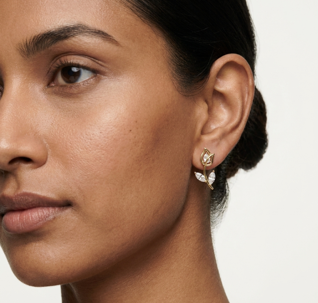 Gold Floral Vine Design Marquise Lab Grown Diamond Jovex Earring