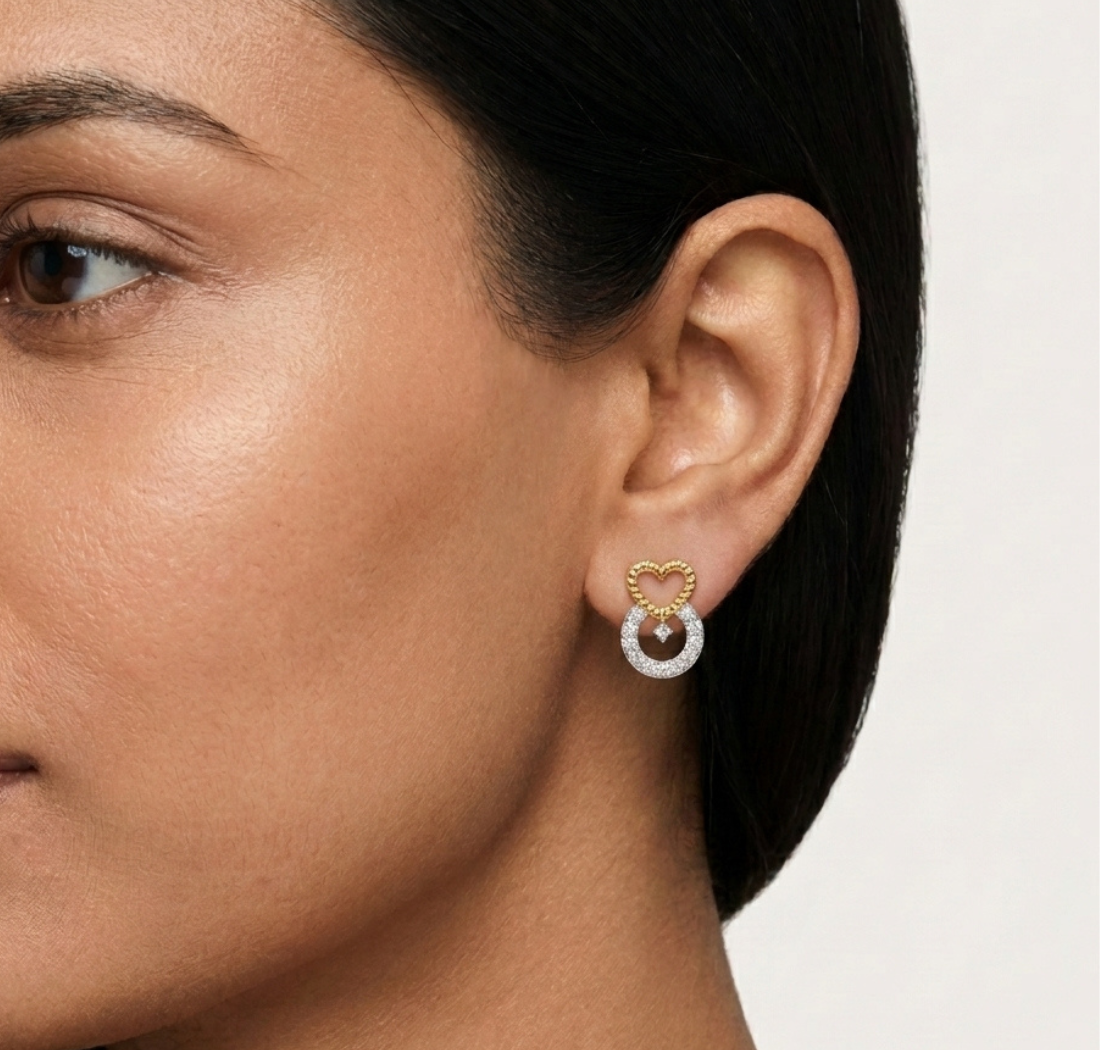 Gold Pave Heart Round Lab Grown Diamond Kalyra Earring