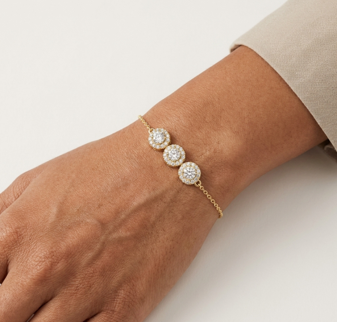 Gold 1Ct Three Stone Round Lab Grown Diamond Kiara Halo Bracelet