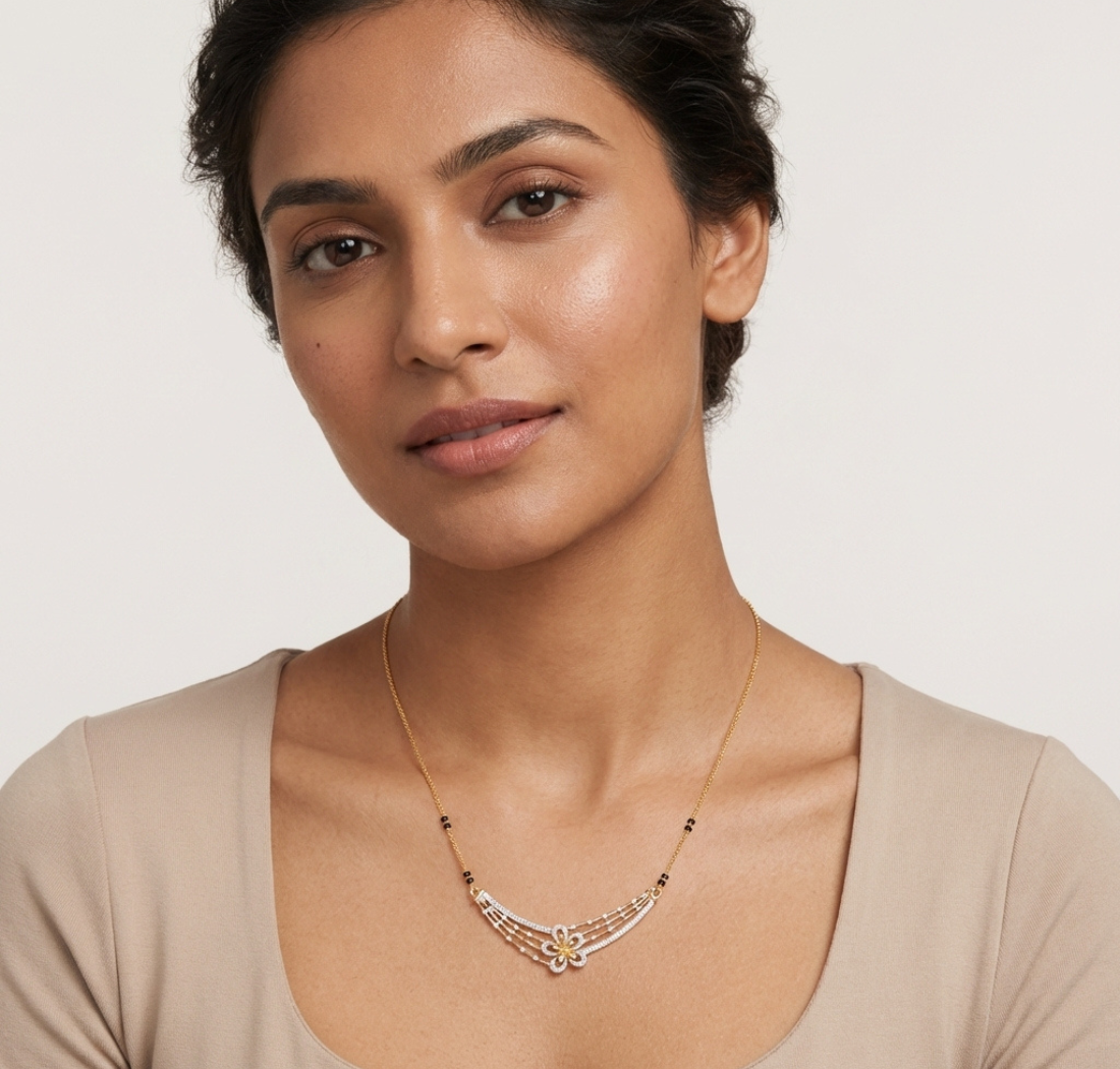 Gold Cluster Layered Pave Round Lab Grown Diamond Korvix Mangalsutra