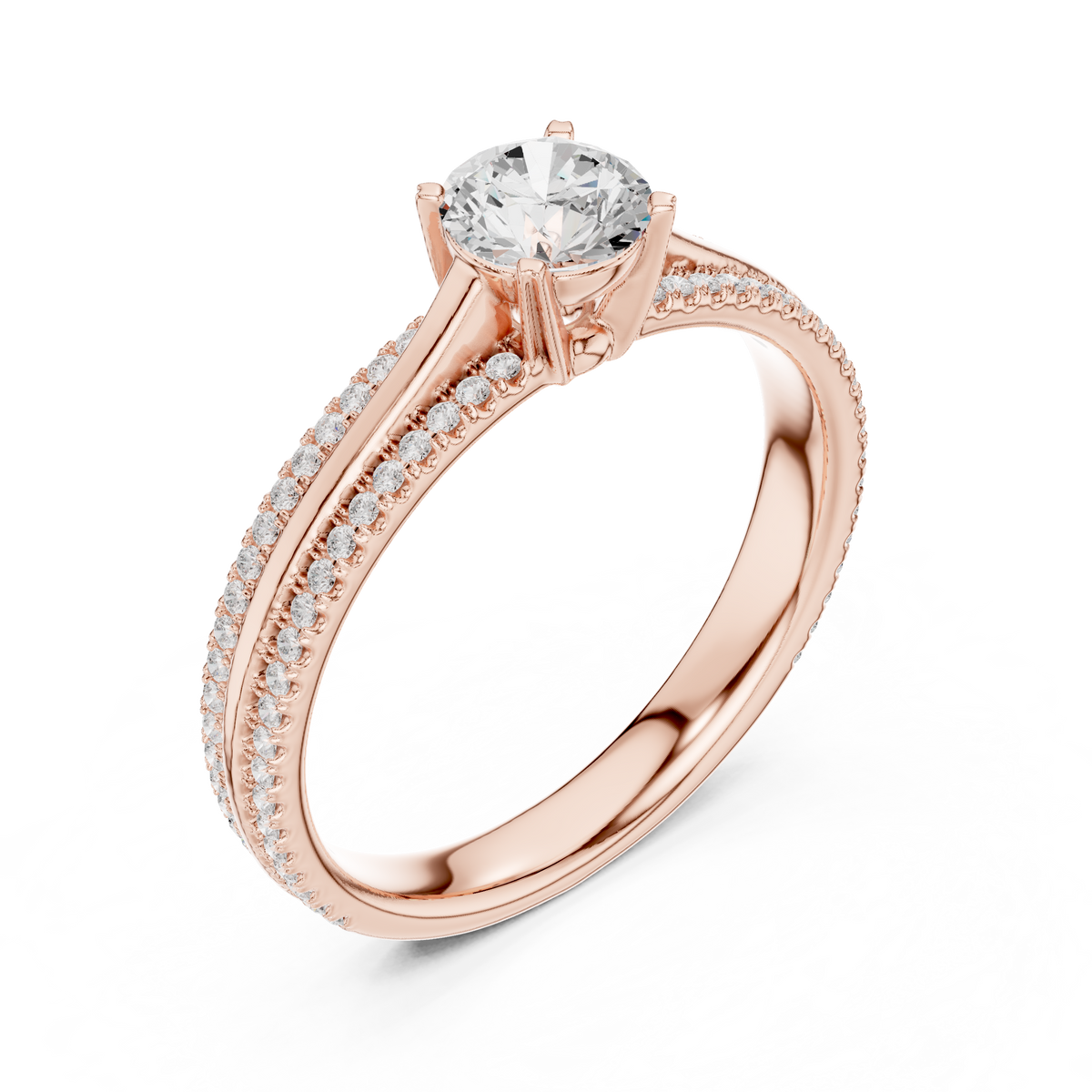 Gold 1Ct 4Prong Solitaire Round Pave Split Shank Lab Grown Diamond Kleon Ring