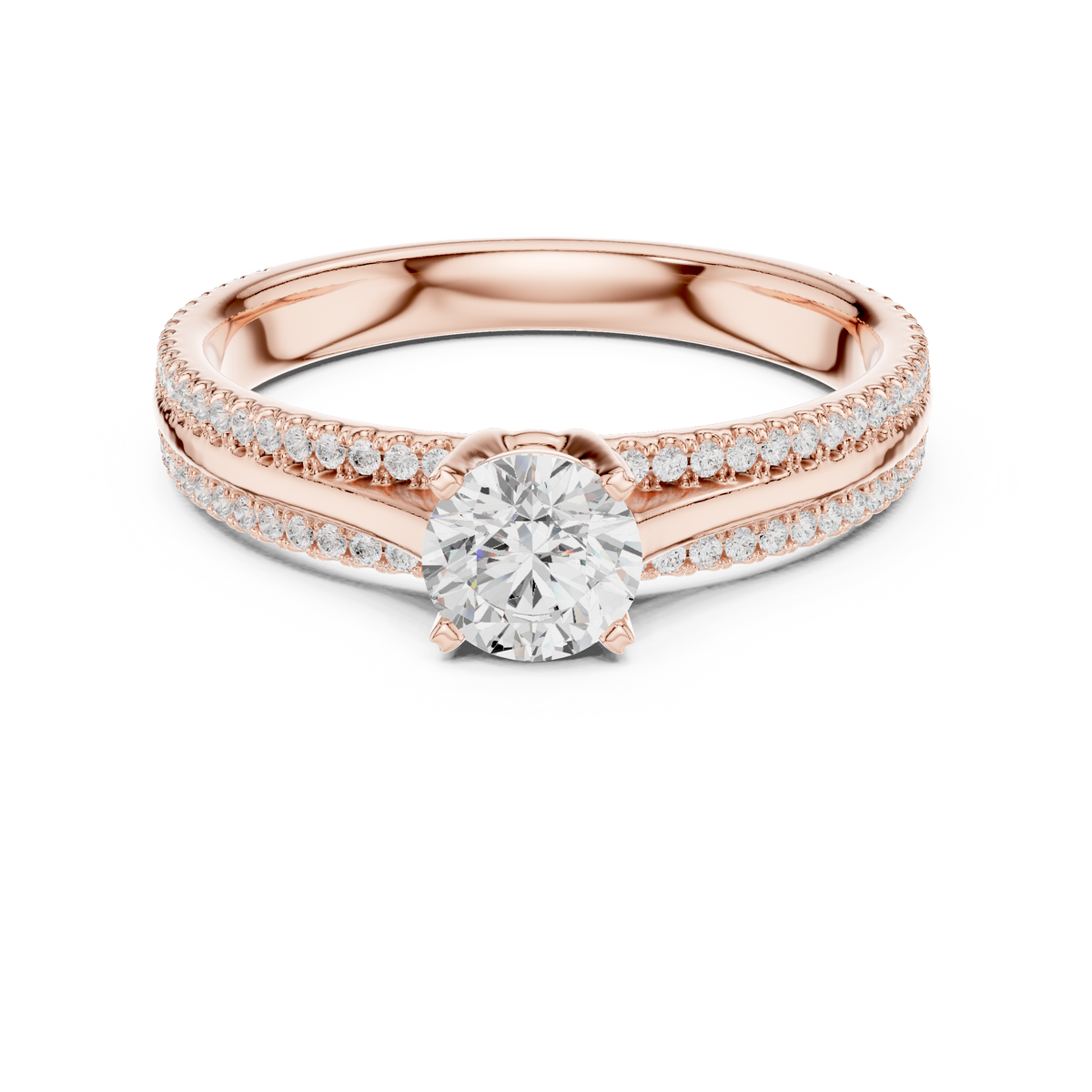 Gold 1Ct 4Prong Solitaire Round Pave Split Shank Lab Grown Diamond Kleon Ring