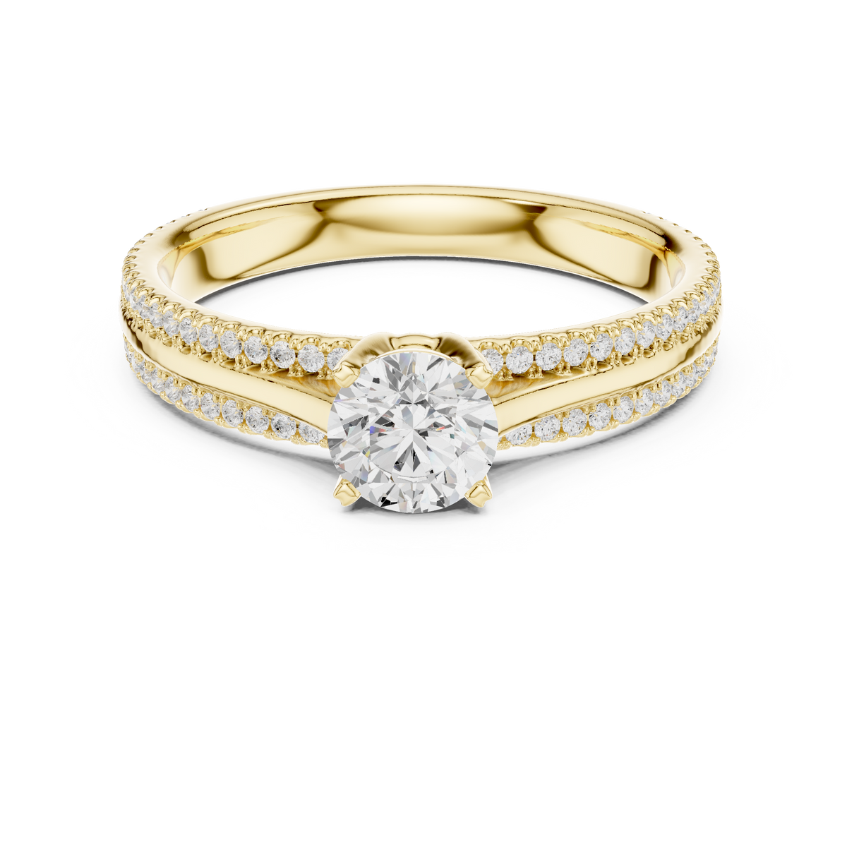 Gold 1Ct 4Prong Solitaire Round Pave Split Shank Lab Grown Diamond Kleon Ring