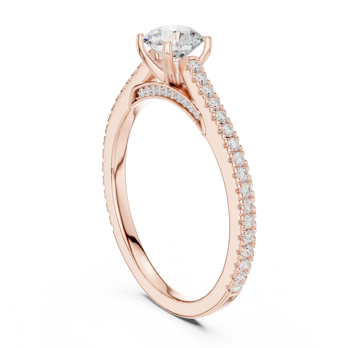 Gold 1Ct 4Prong Solitaire Round Pave Shank Lab Grown Diamond Philon Ring