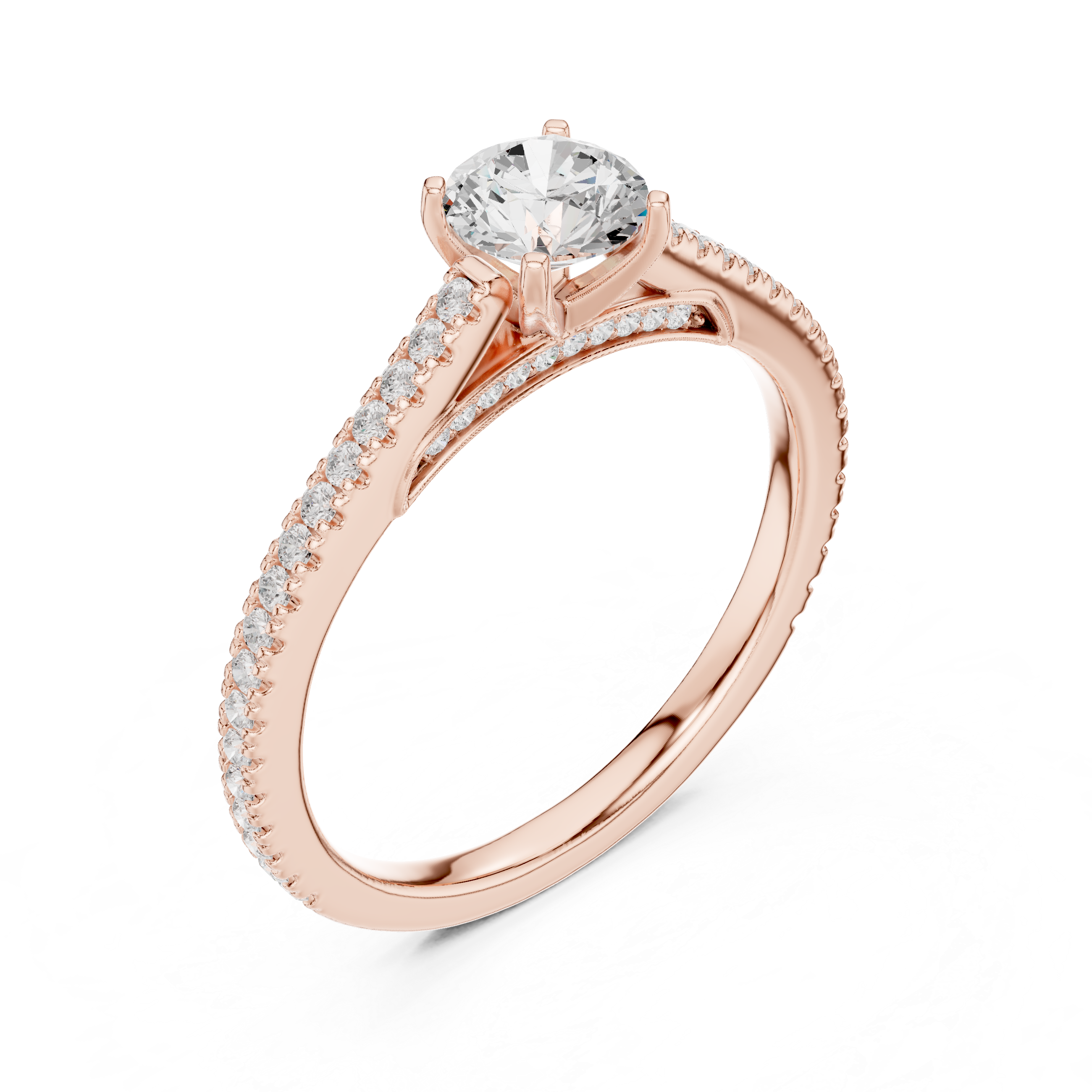 Gold 1Ct 4Prong Solitaire Round Pave Shank Lab Grown Diamond Philon Ring