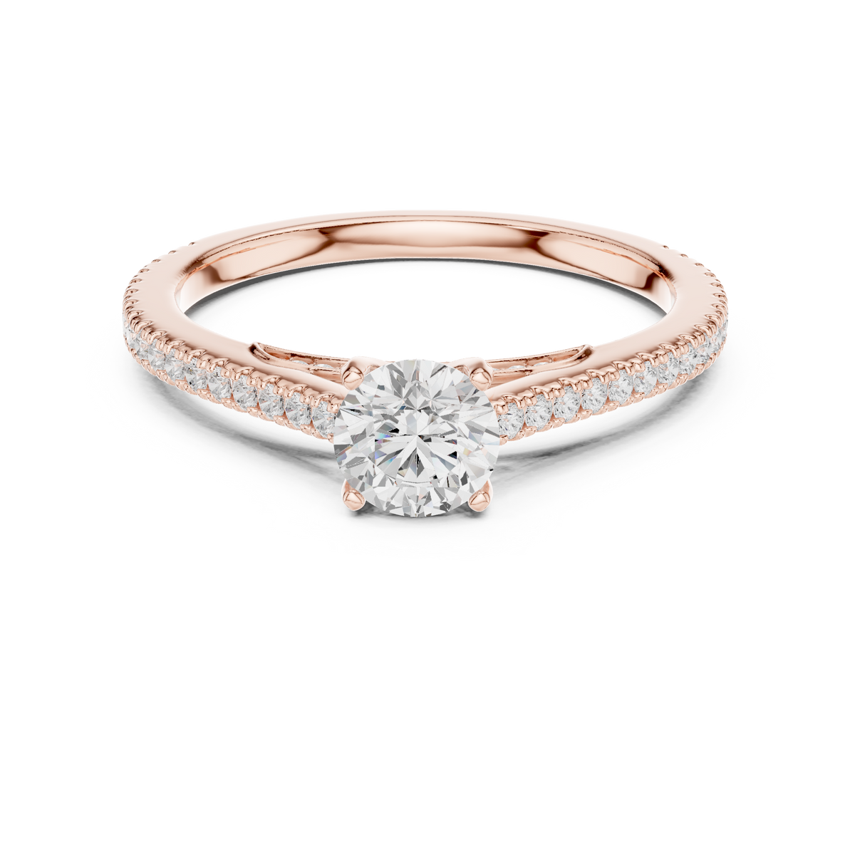 Gold 1Ct 4Prong Solitaire Round Pave Shank Lab Grown Diamond Philon Ring