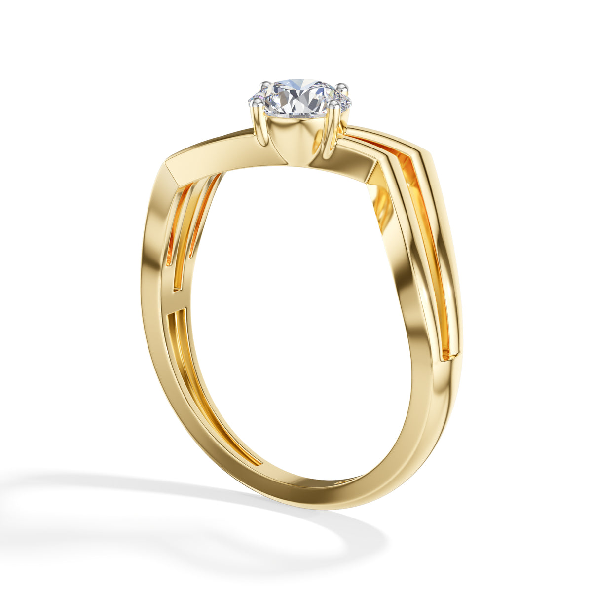 Pinna Ring Round Lab Grown Diamond Double Chevron Band Solitaire