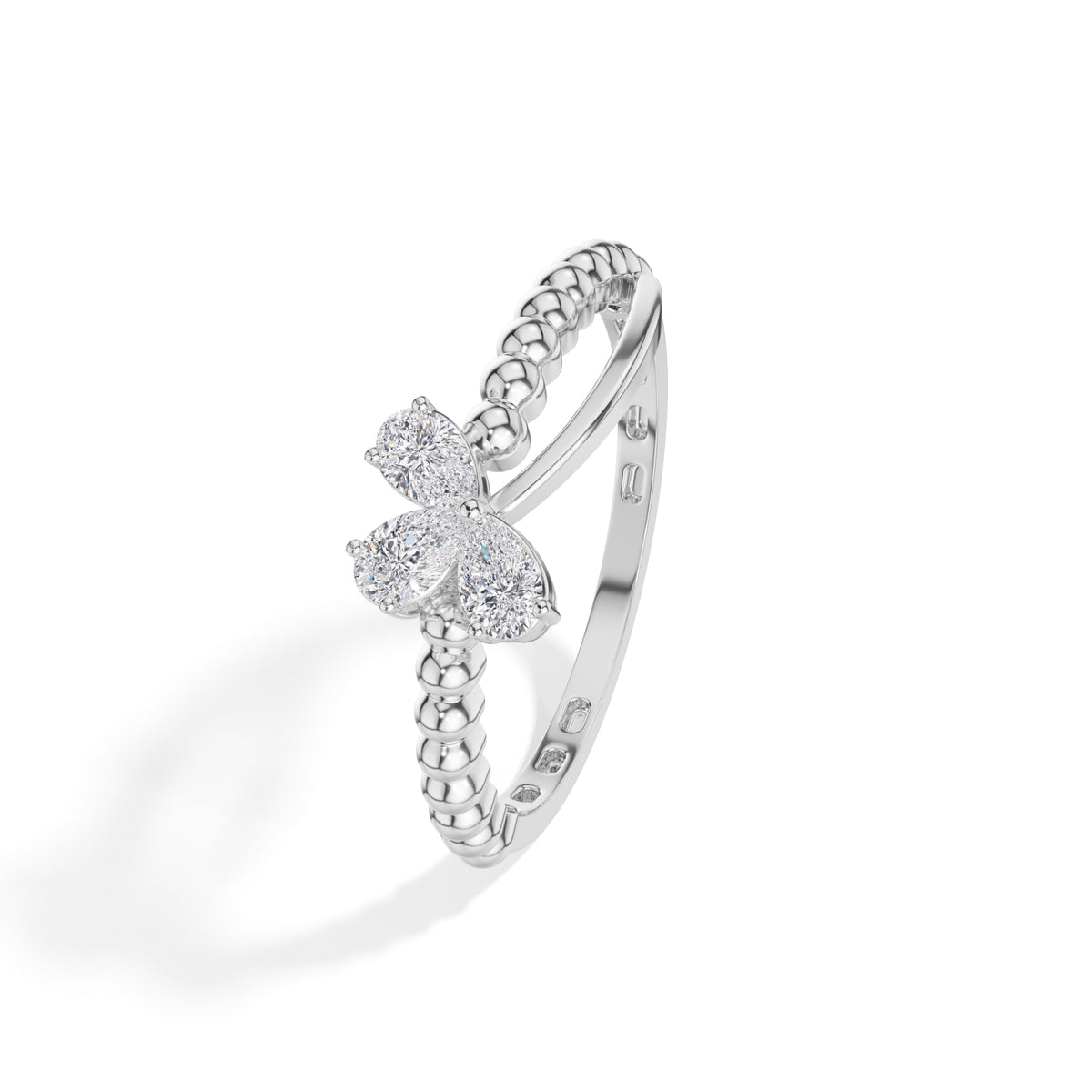 Flutter Ring Pear Lab Grown Diamond Three Stone Butterfly Beaded Band
