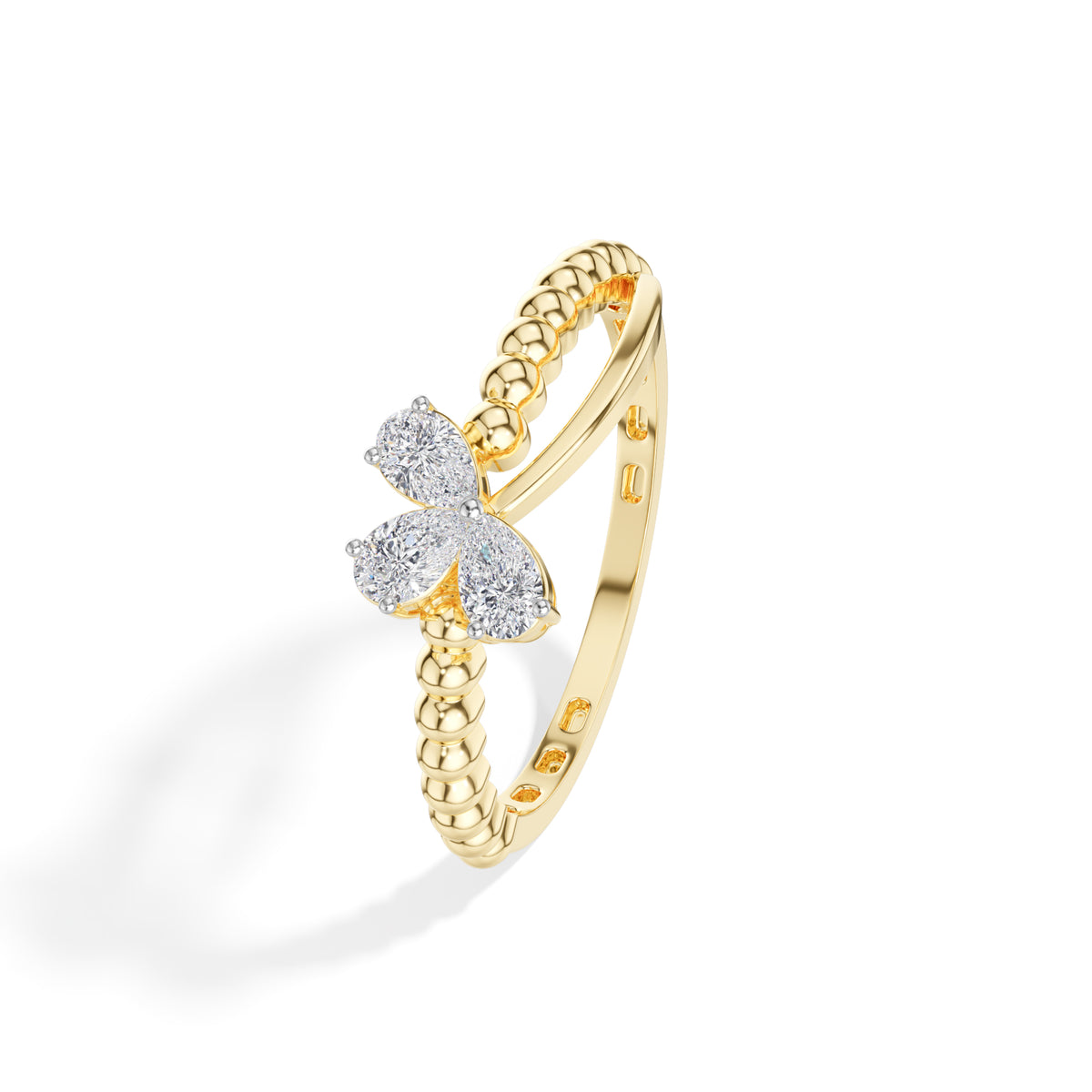 Flutter Ring Pear Lab Grown Diamond Three Stone Butterfly Beaded Band