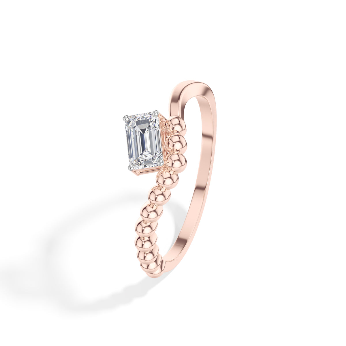 Baguette Ring Emerald Cut Lab Grown Diamond Beaded Band Solitaire