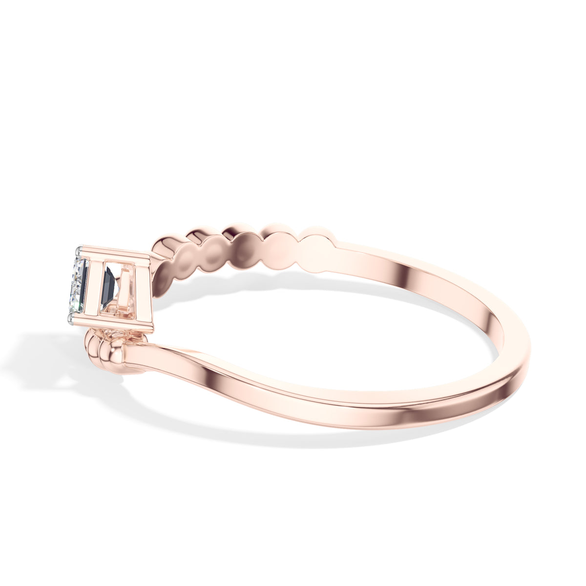 Baguette Ring Emerald Cut Lab Grown Diamond Beaded Band Solitaire