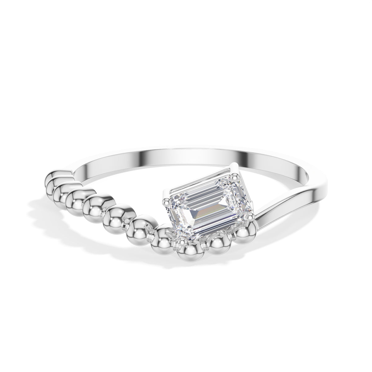 Baguette Ring Emerald Cut Lab Grown Diamond Beaded Band Solitaire