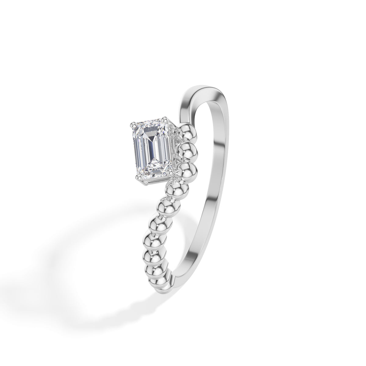 Baguette Ring Emerald Cut Lab Grown Diamond Beaded Band Solitaire