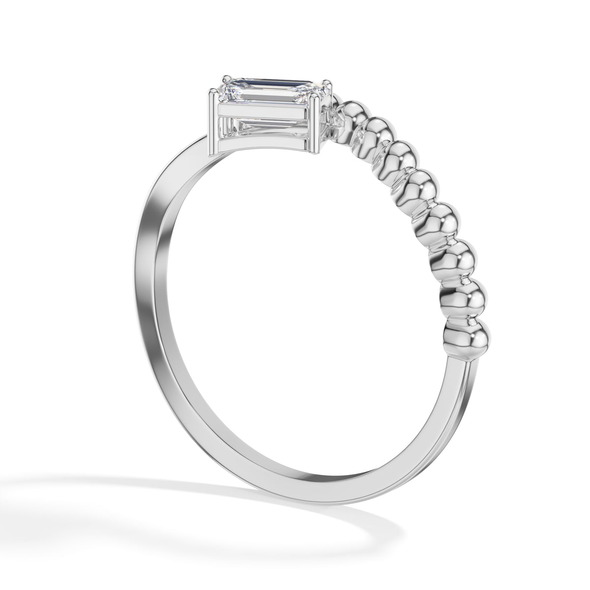 Baguette Ring Emerald Cut Lab Grown Diamond Beaded Band Solitaire