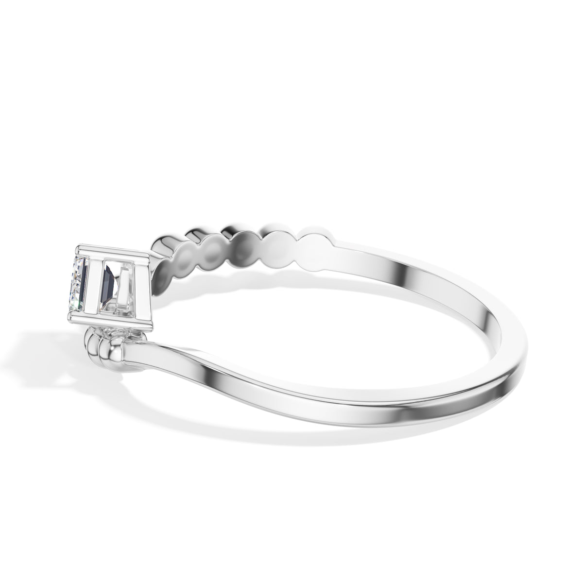 Baguette Ring Emerald Cut Lab Grown Diamond Beaded Band Solitaire