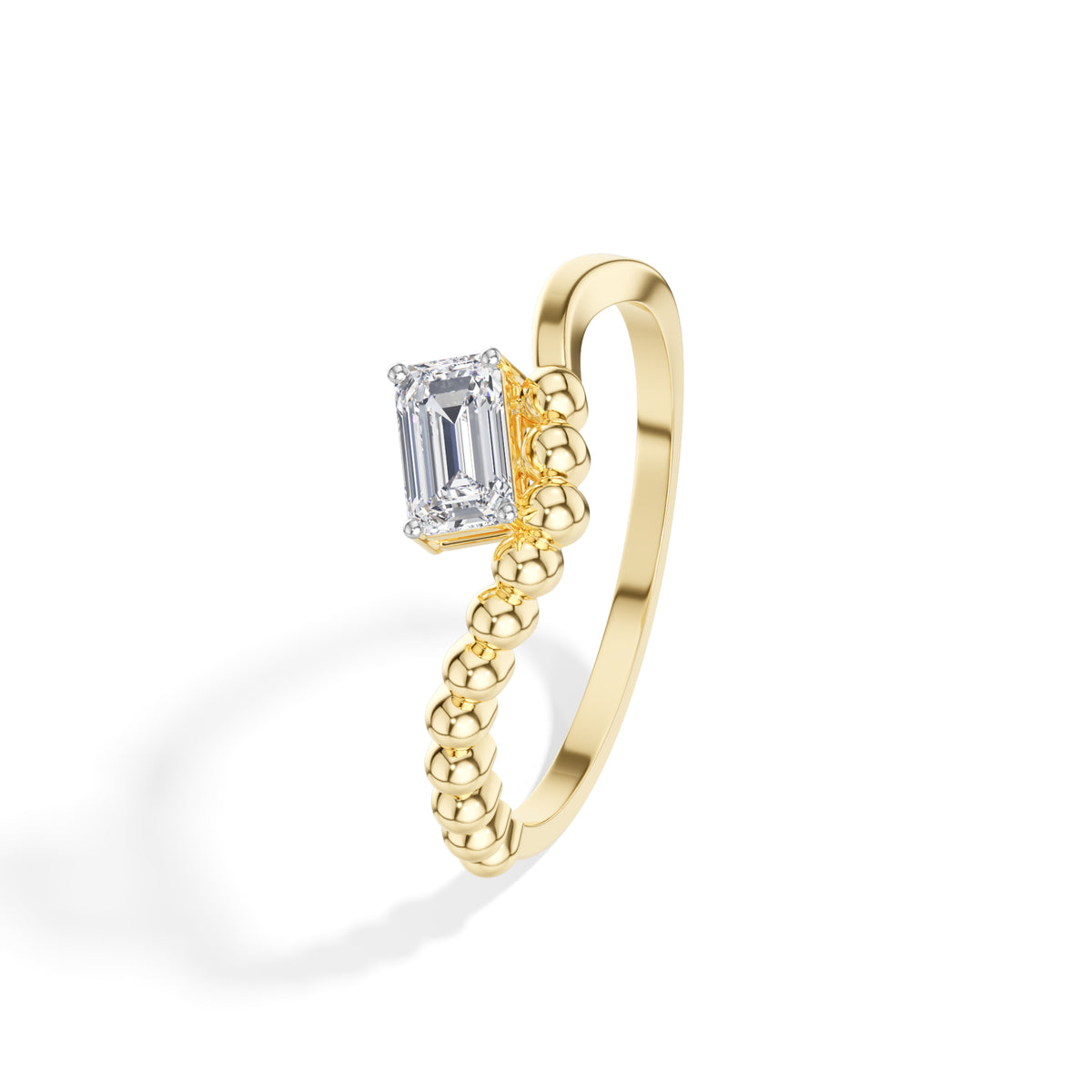 Baguette Ring Emerald Cut Lab Grown Diamond Beaded Band Solitaire