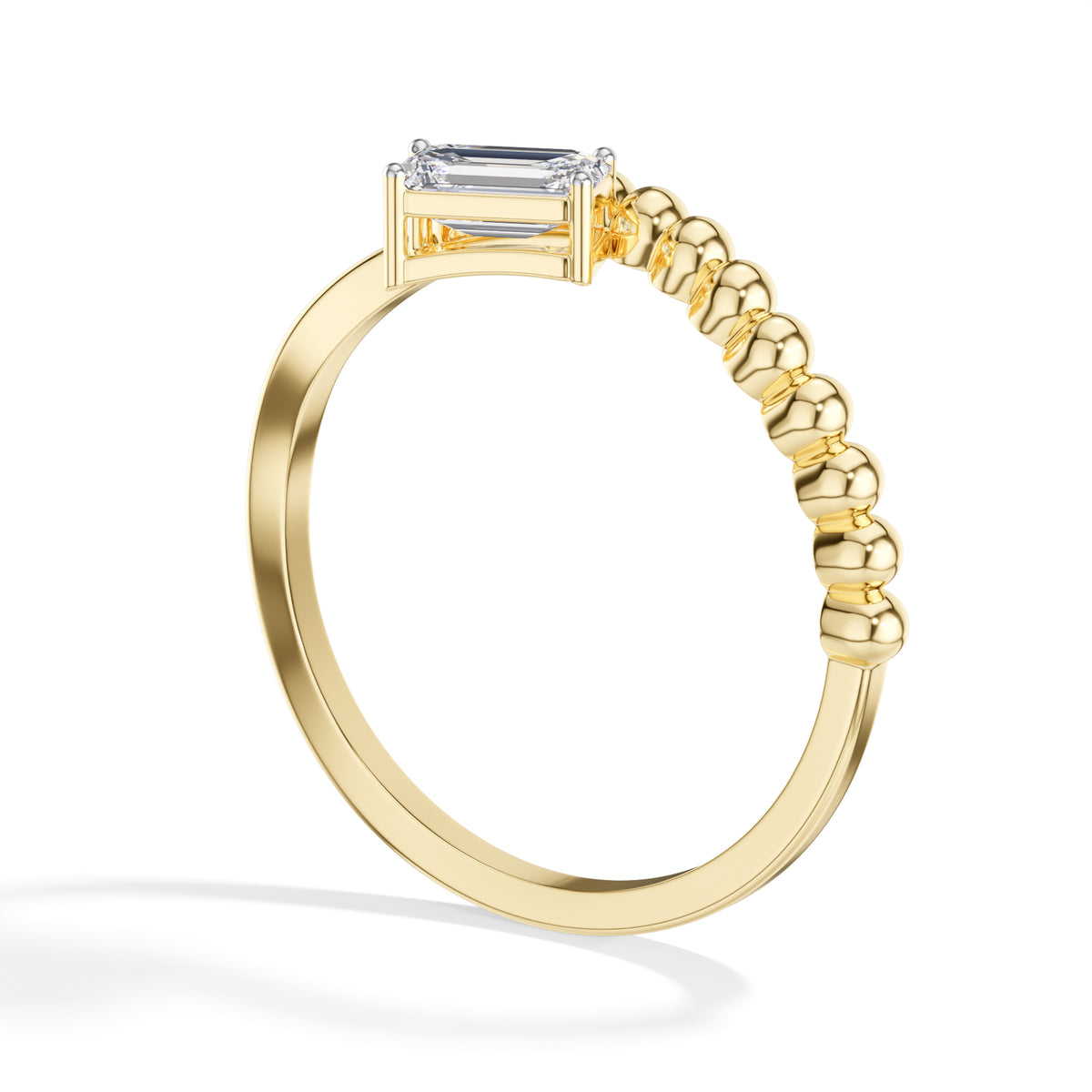 Baguette Ring Emerald Cut Lab Grown Diamond Beaded Band Solitaire