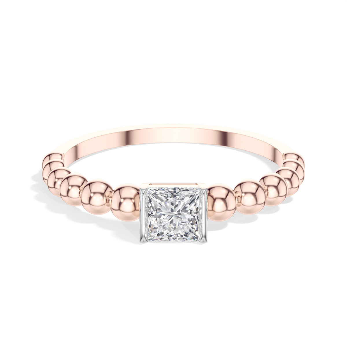 Grain Ring Princess Cut Lab Grown Diamond Beaded Band Solitaire