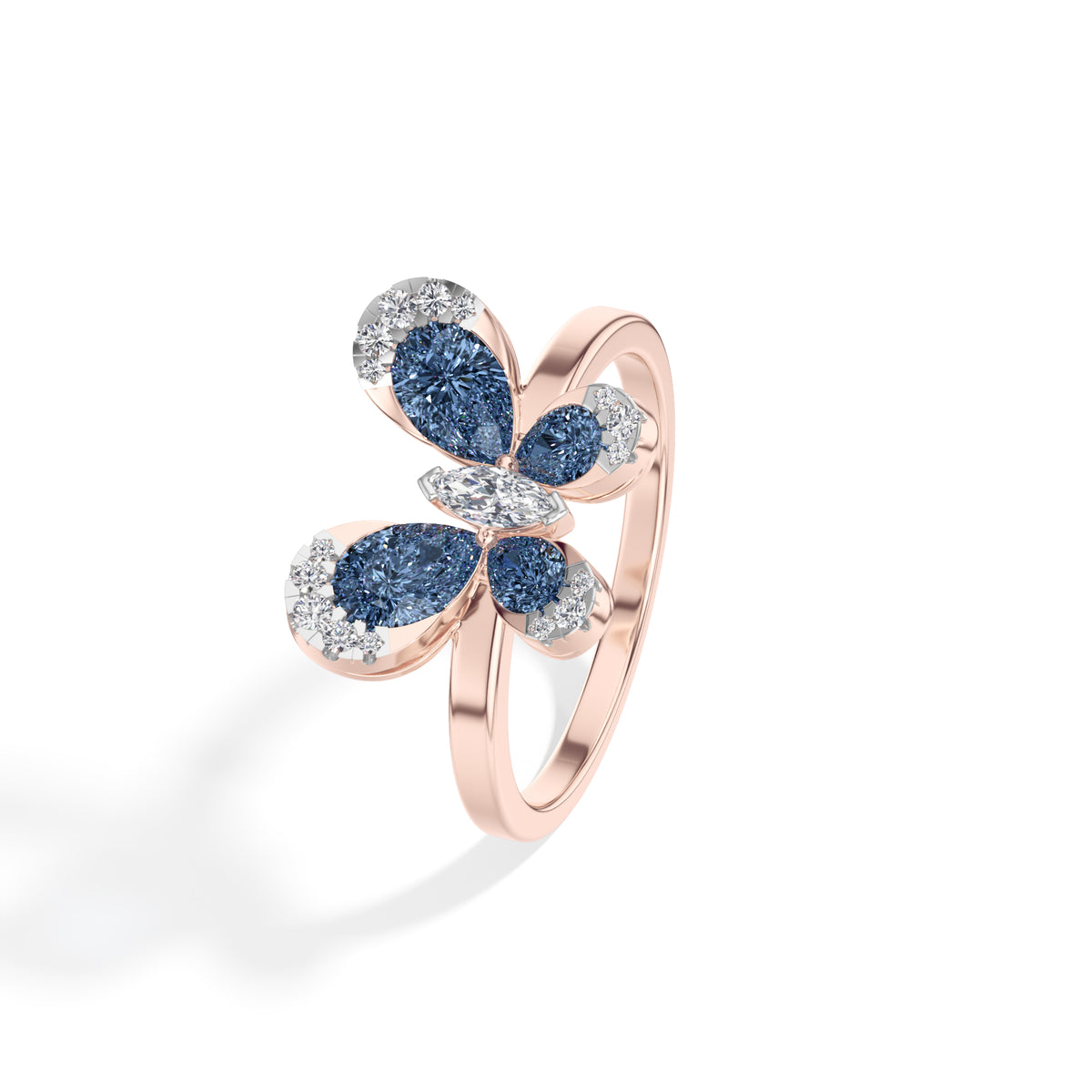 Blue stone pear butterfly lab grown diamond papillon ring
