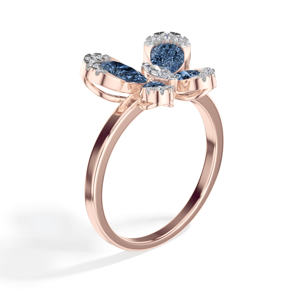 Blue stone pear butterfly lab grown diamond papillon ring