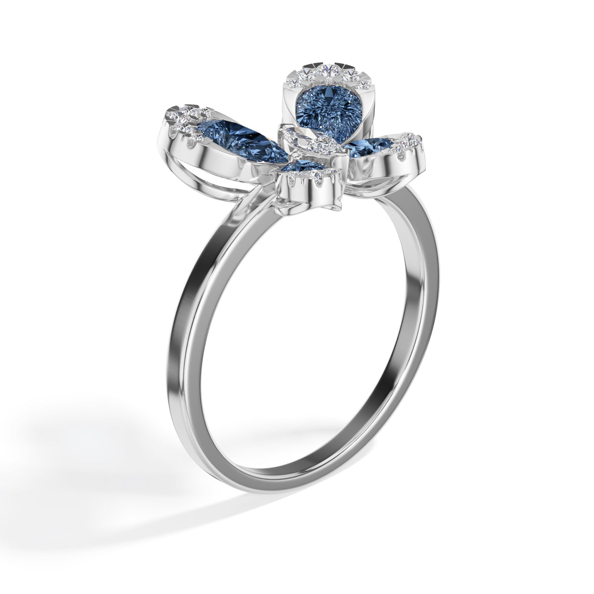 Blue stone pear butterfly lab grown diamond papillon ring