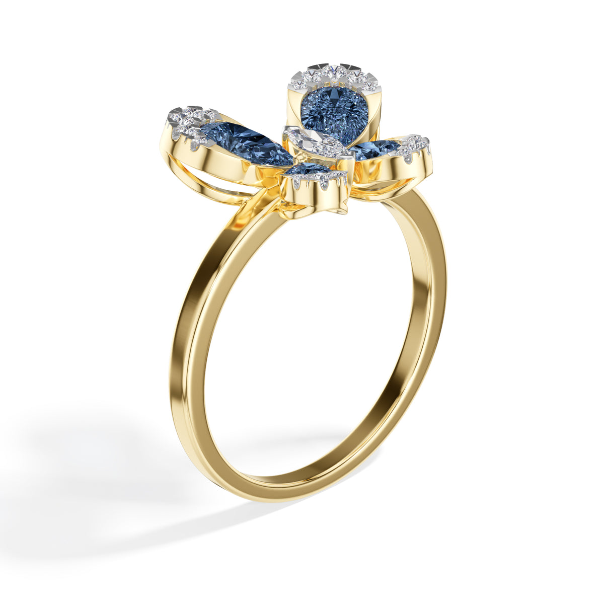 Blue stone pear butterfly lab grown diamond papillon ring