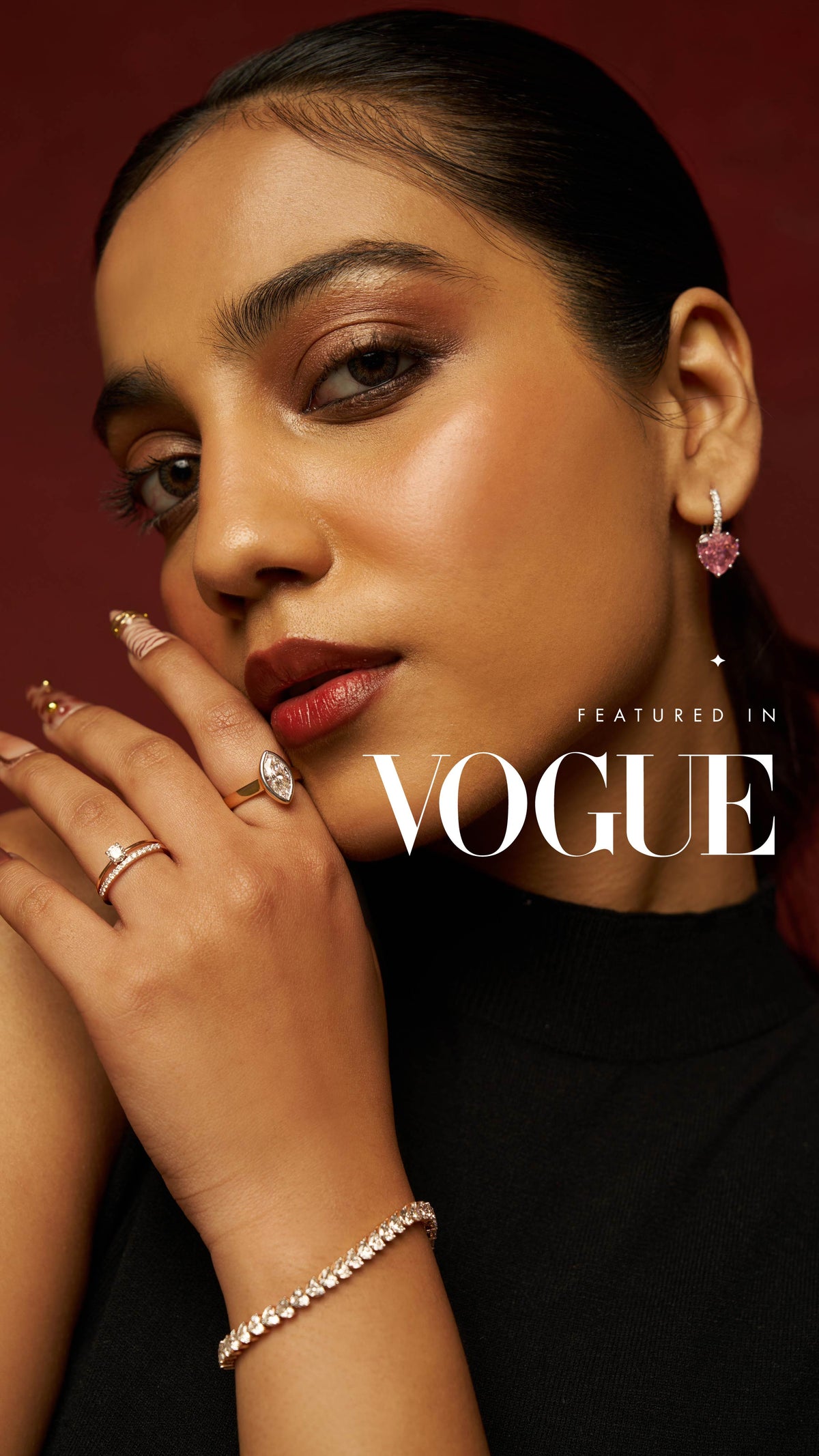 Diamond jewelry rings, bracelet and earrings featured in a luxury fashion editorial