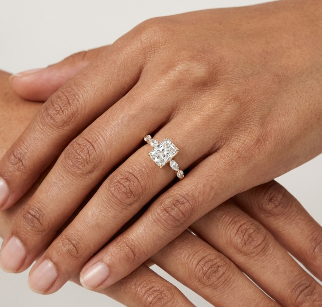Gold 3Ct Marquise Side Stone Setting Radiant Lab Grown Diamond Leah Ring