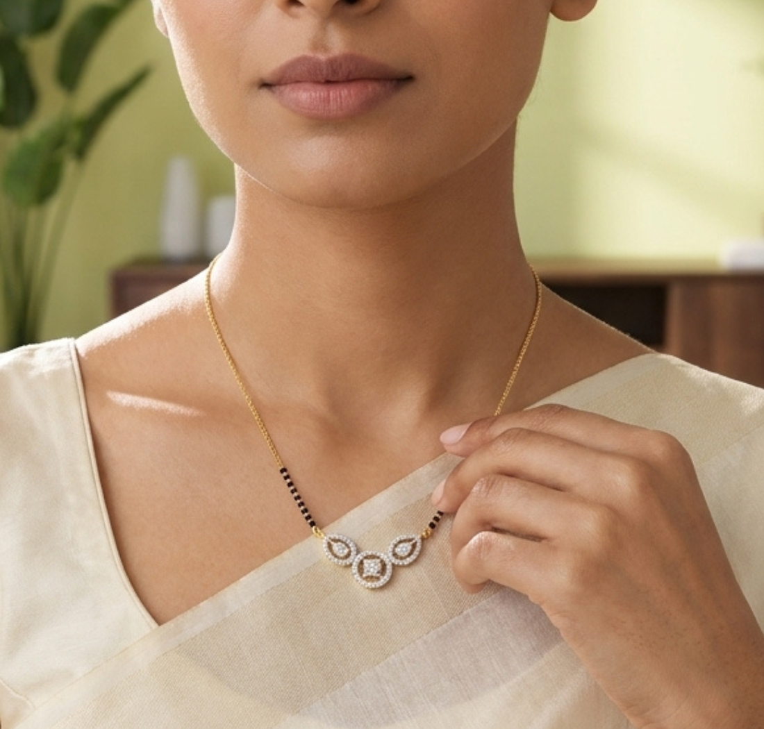 Gold 1Ct Three Stone Halo Pear Lab Grown Diamond Lyvorae Mangalsutra